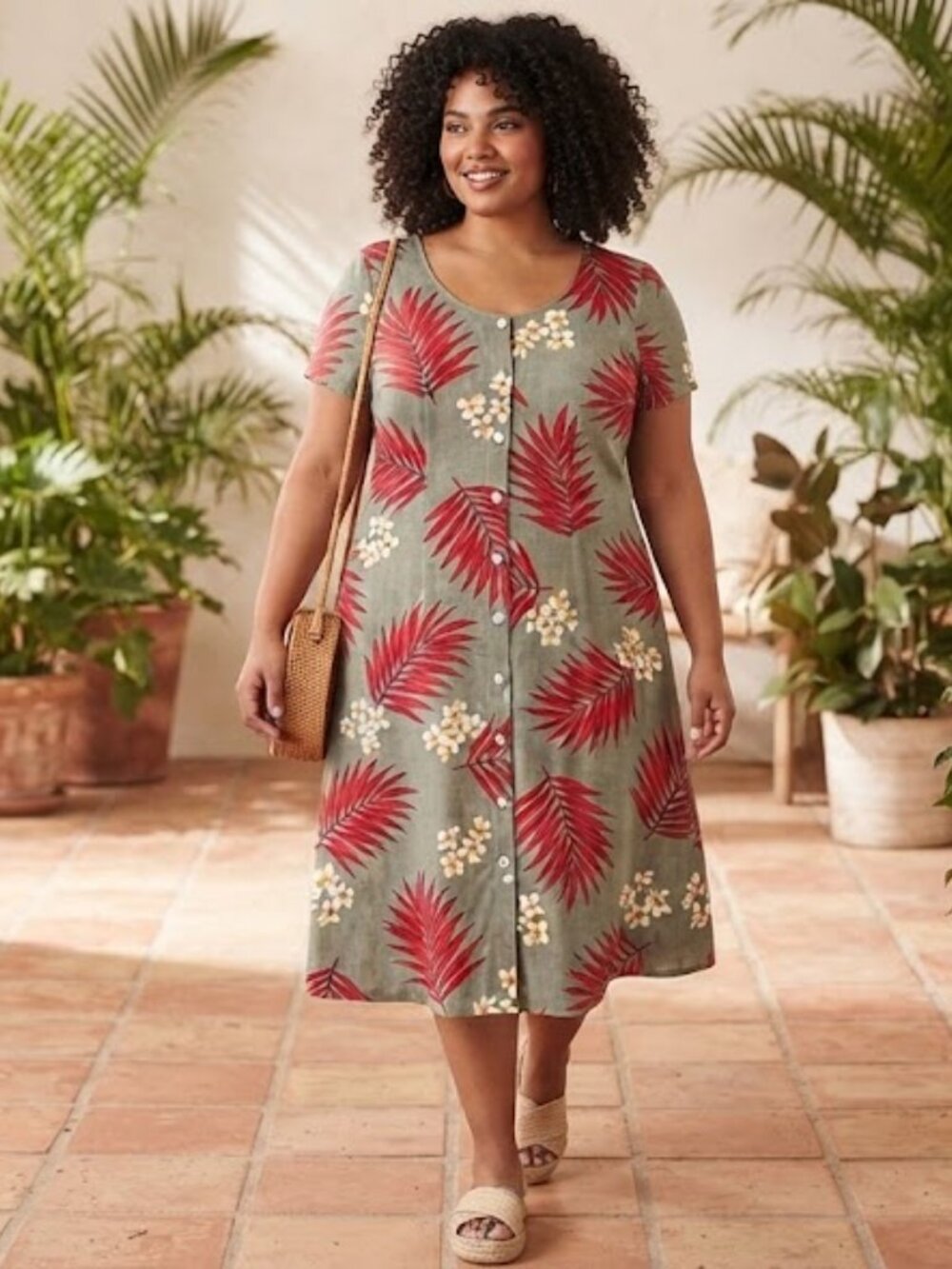 Button-Front Green Tropical Maxi Dress